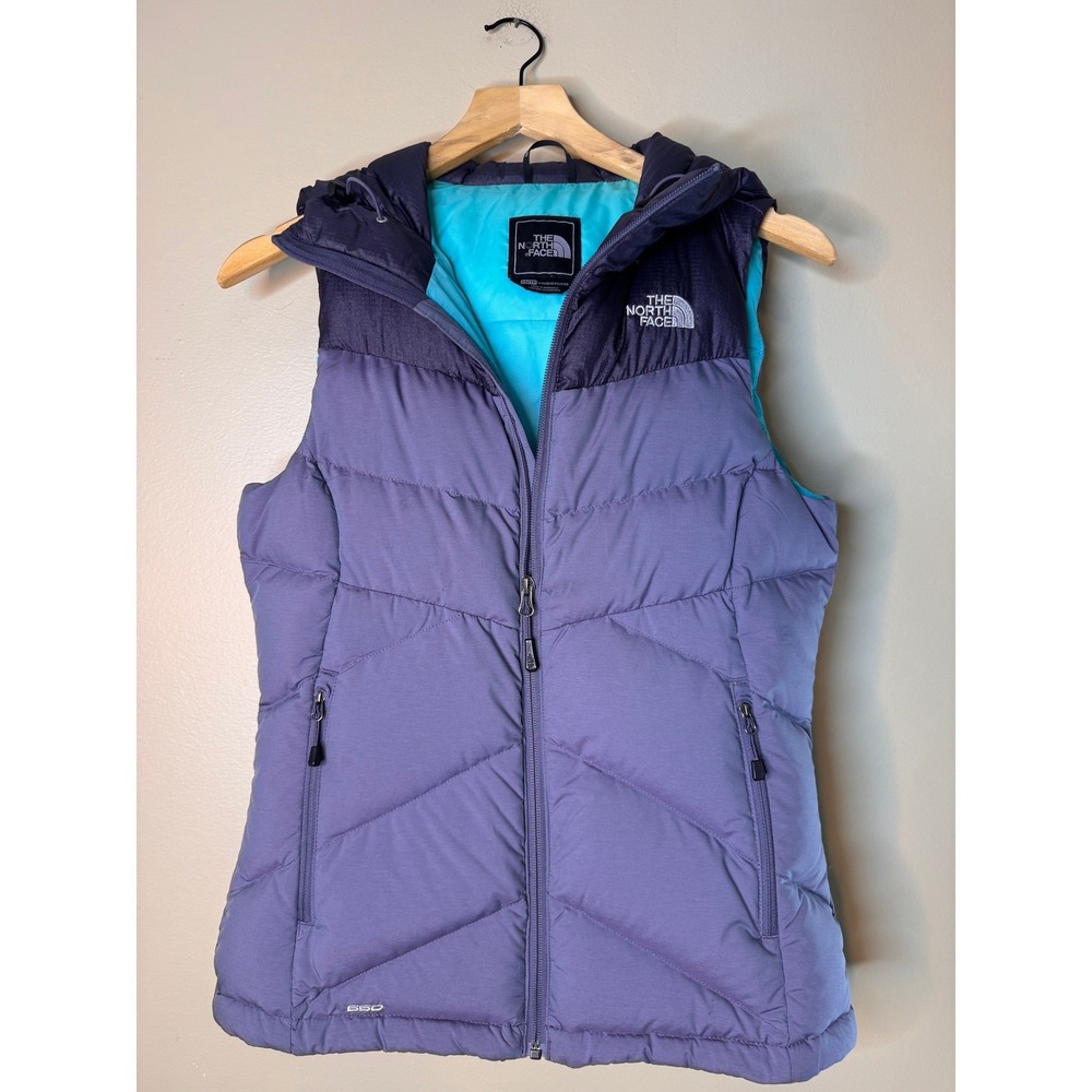 The North Face 650 Down Puffer Vest Womens XS Purple Navy Blue Hooded Colorblock